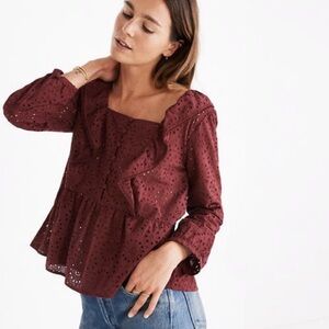 NWT Madewell Eyelet Pompom Long Sleeve Top Burgundy Size M